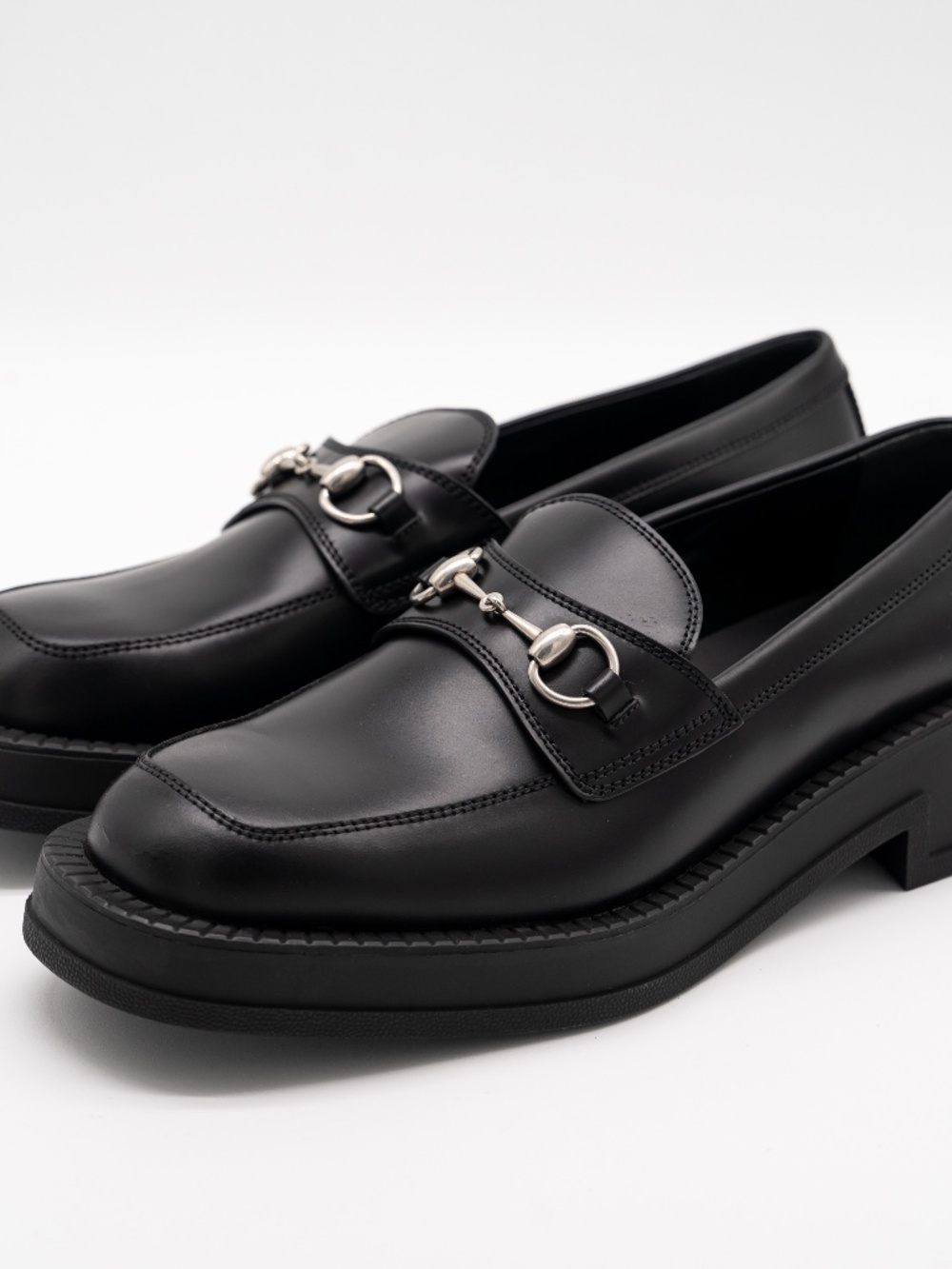 Gucci Men's Chunky Loafers Horsebit Leather Triple Black size 10.5G 11 US
